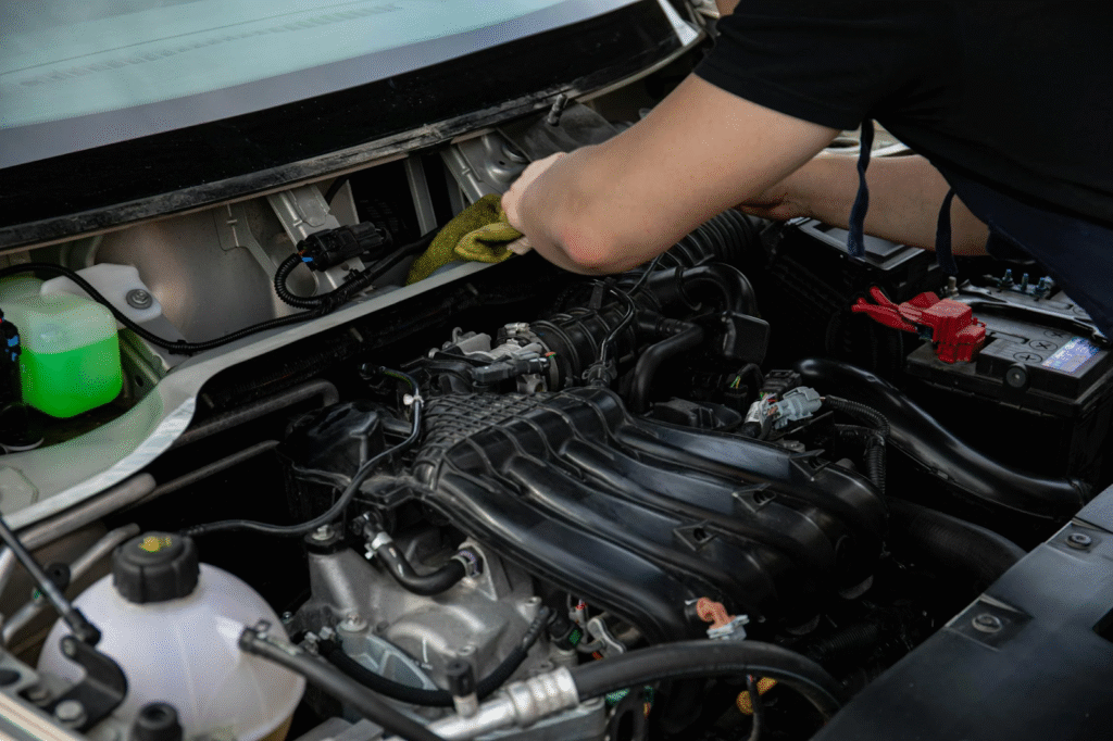 A man repairs a car engine, focused on the mechanical components and tools around him.
