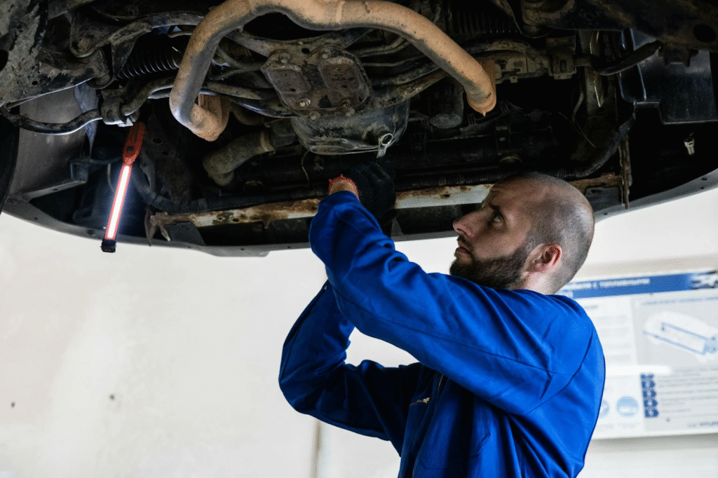 A man in a blue shirt repairs a car, focused on the engine with tools in hand.